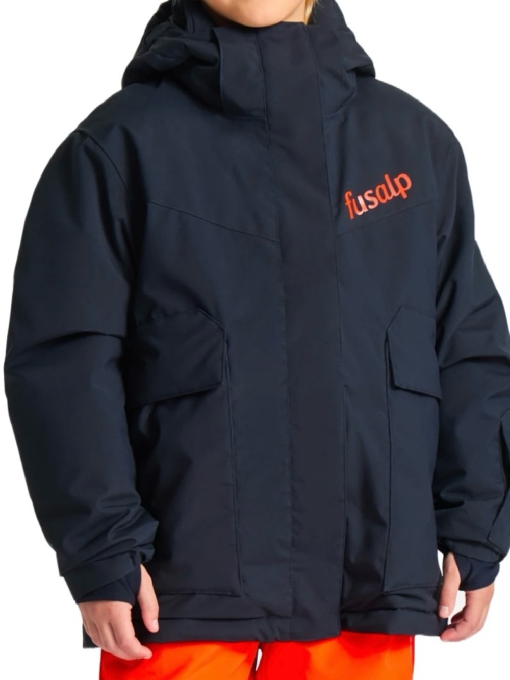 Fusalp Navy Hooded Ski Jacket/Pants with Orange Logo. Size 10